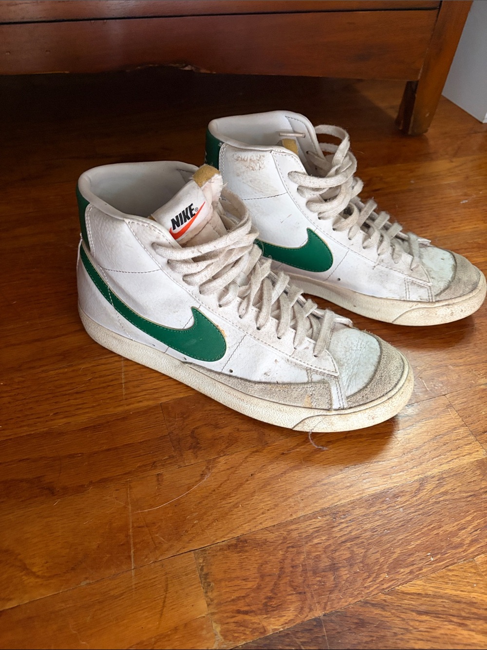 Nike White High-Top Sneakers with Green Swoosh